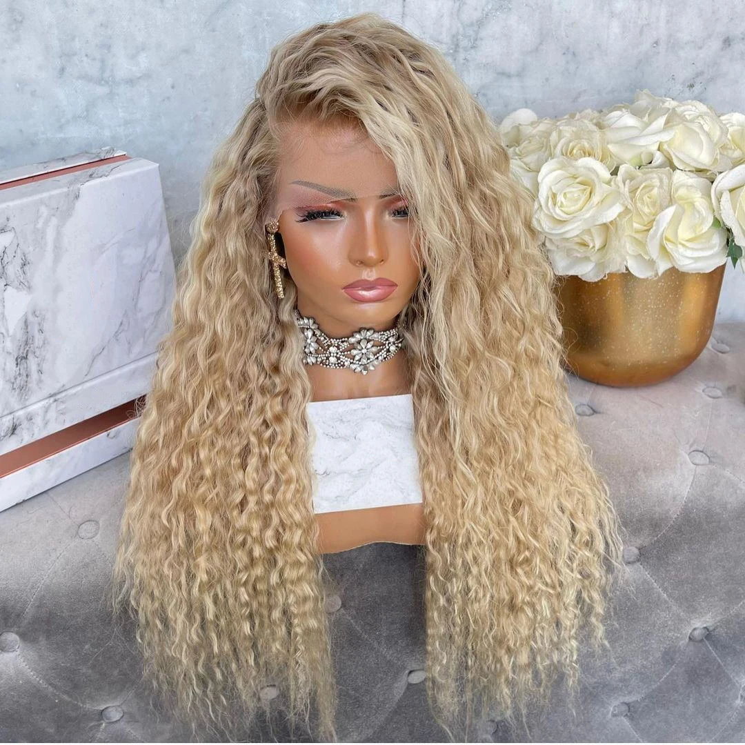 High Density 200% Blonde Curly Human Hair Wig Pre Plucked Side Part with Baby Hair 13x4 Lace Front Wig 28\