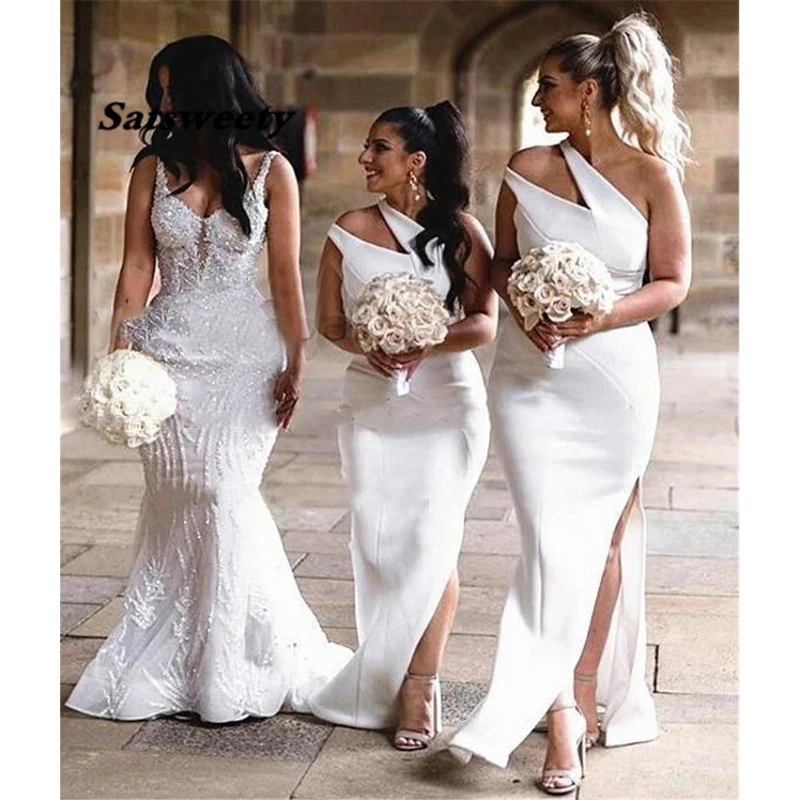 White One Shoulder Wedding Party Gown Mermaid Bridesmaid Dresses Elastic Satin Side Split Vestido De Festa De Casamento