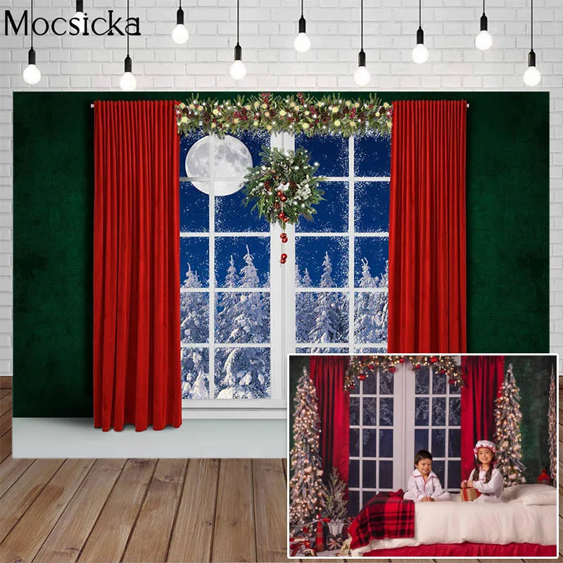 

Christmas Windows Photography Backdrops Winter Snow Red Curtain Decor Dark Green Wall Kids Baby Portrait Photo Background Studio