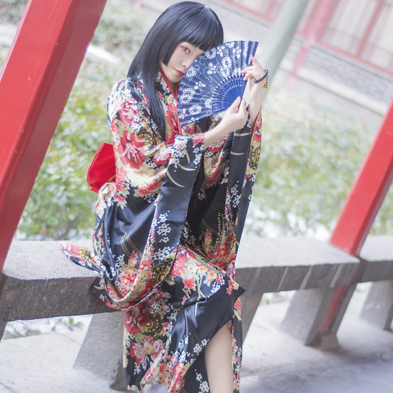 Kimono largo y Sexy para mujer, vestido Yukata Floral japonés, traje tradicional de fiesta de Halloween