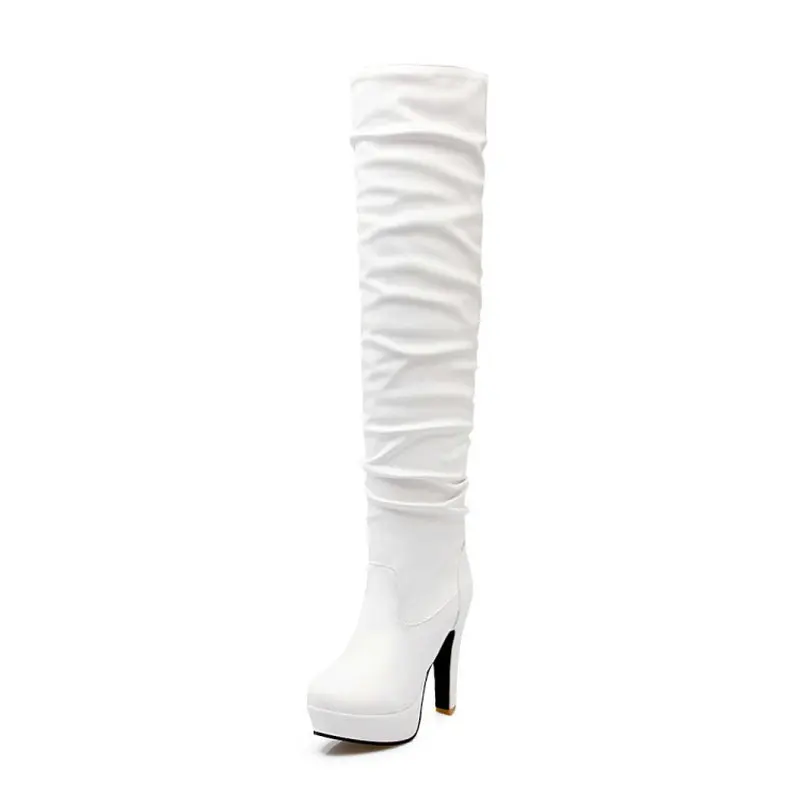 Sianie Tianie Sexy Soft PU Pleated Platform Thick High Heels Woman Overknees Booties Plain White Women Slim Over The Knee Boots