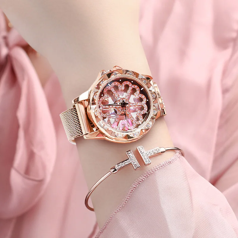 UTHAI CQ30 women watches rose gold clock wristwatch ladies women‘s watch quartz Rhinestones Spin flower Transparent luxury 2020