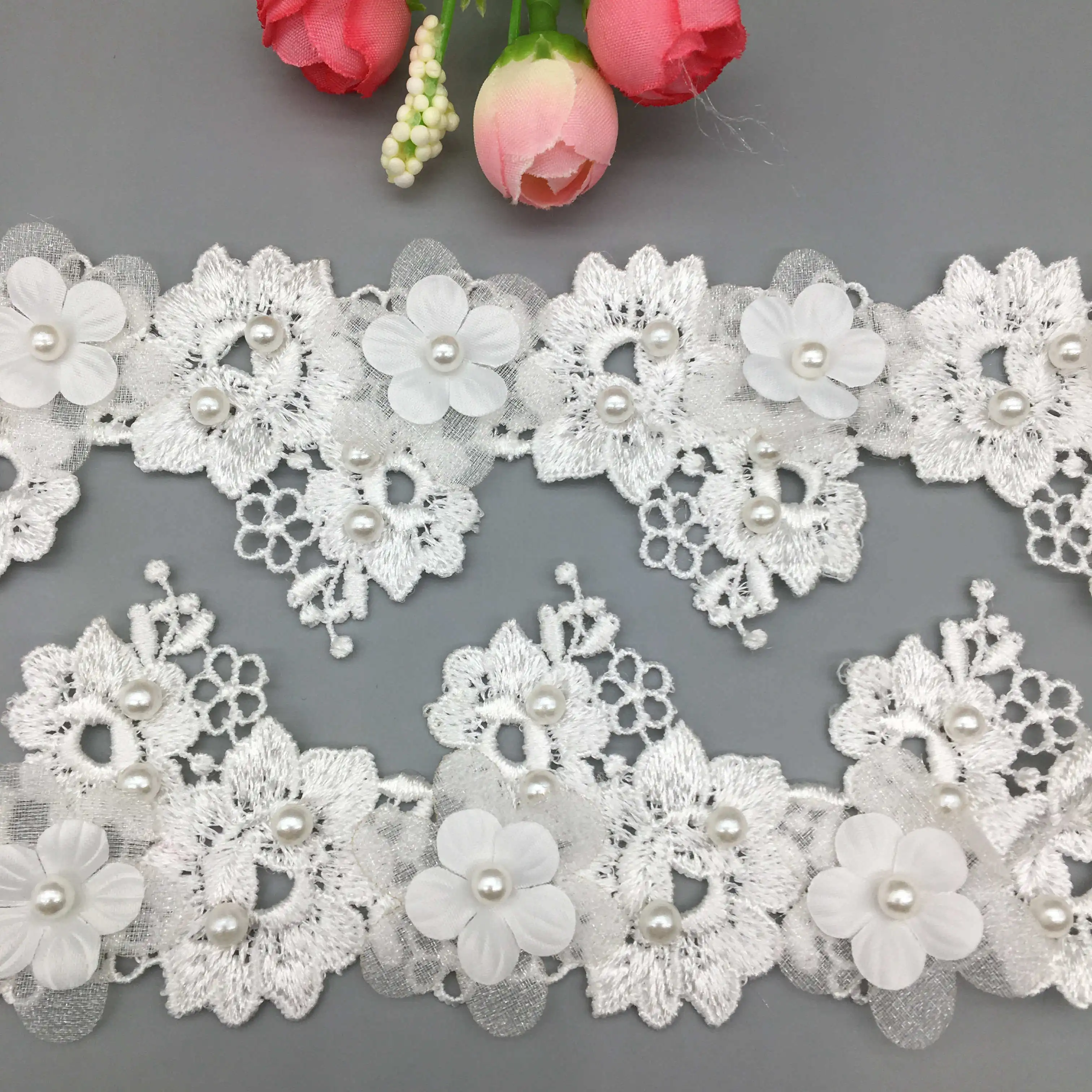 1 Yard 3D Flower Pearl Lace Trim Embroidered  Lace Ribbon Fabric Handmade Beaded Sewing Craft For Costume Hat Decoration 5cm