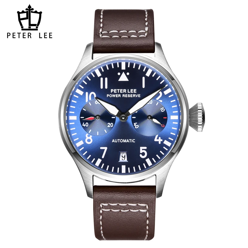 Marcas de lujo PETER LEE movimiento automático relojes de piloto mecánicos para hombre elegante luminoso aviador cuero regalos masculinos reloj