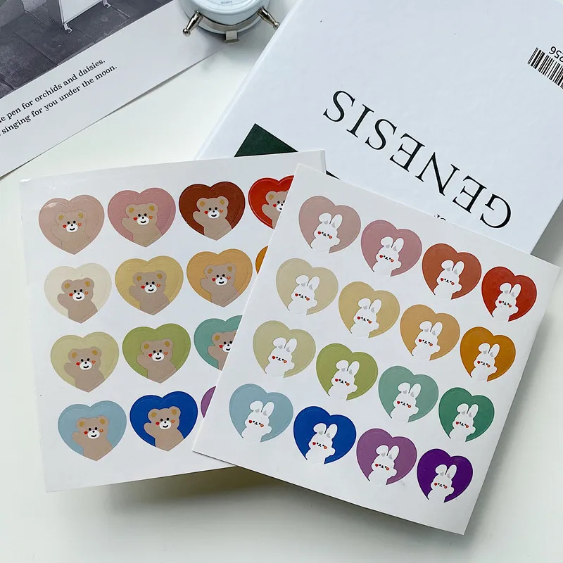 Ins Cartoon Rabbit Bear Cute Stickers Love Shape Color Gradient Seal Paster Stationery Notebook DIY Kawaii Decorative Sticker