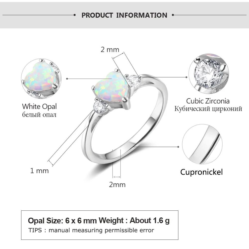 Silver Color Heart Rings Blue Opal Ring CZ Finger Ring with Cubic Zirconia Engagement Wedding Gift Fashion Jewelry for Women