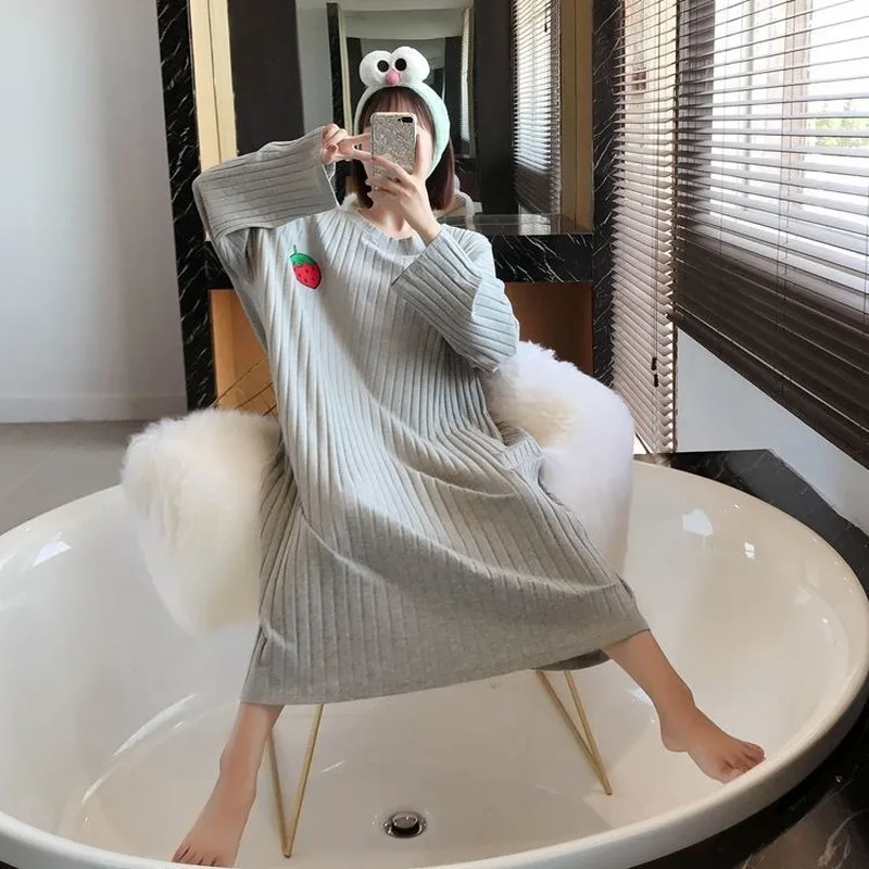 Nightgowns Women Primted Large Size 4XL Autumn Long Sleeve Loose Warm Homewear Pyjama Korean Style Chic Leisure Mid-calf Soft BF