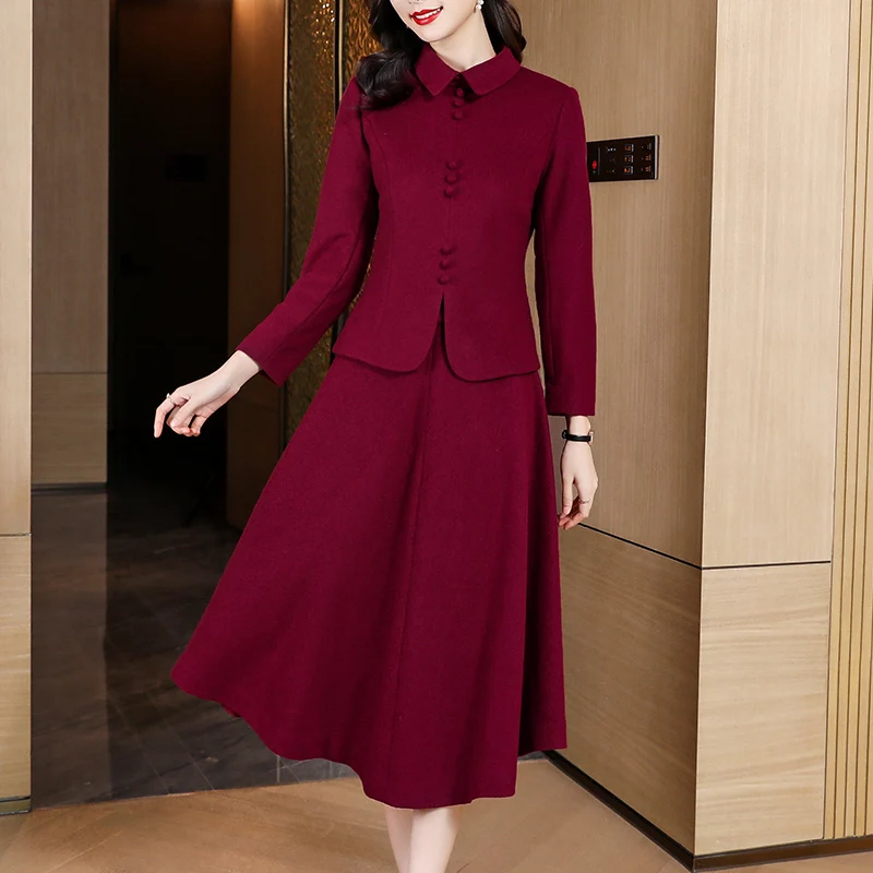 

Korean Autumn Winter Vintage Woolen Two Piece Set Women Long Sleeve Top Wool Short Jacket Coat + Midi A Line Skirts Red Suits