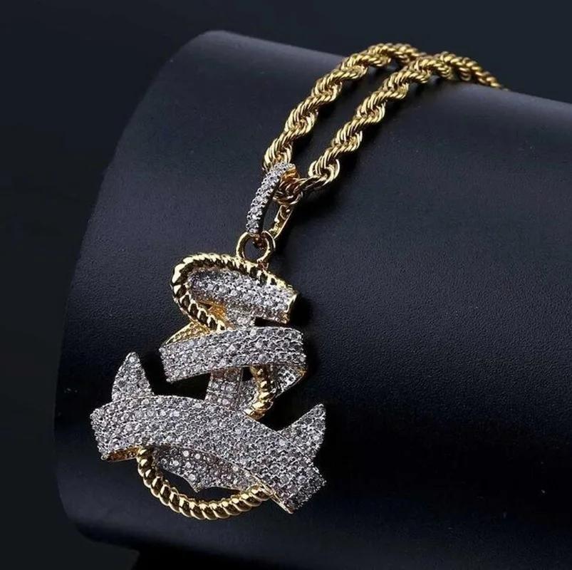 Fashionable Men\'s Necklace Gold Plated Ice Micropav Cubic Zircon Anchor Pendant and Necklace Bling Hip Hop Jewelry