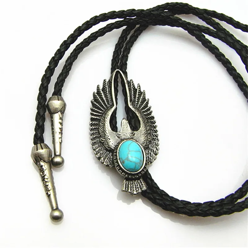 Bolo tie New Retro Shirt Chain Blue stone Flying Wings Bollow Collar Leather Necklace Long tie Pendant