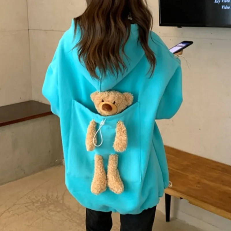 Autumn Hoodies Women Thicken Liner Velvet Bear Toy In Back Big Pocket Warm Soft Hooded Sweatshirt Couple Matching Pullover Top