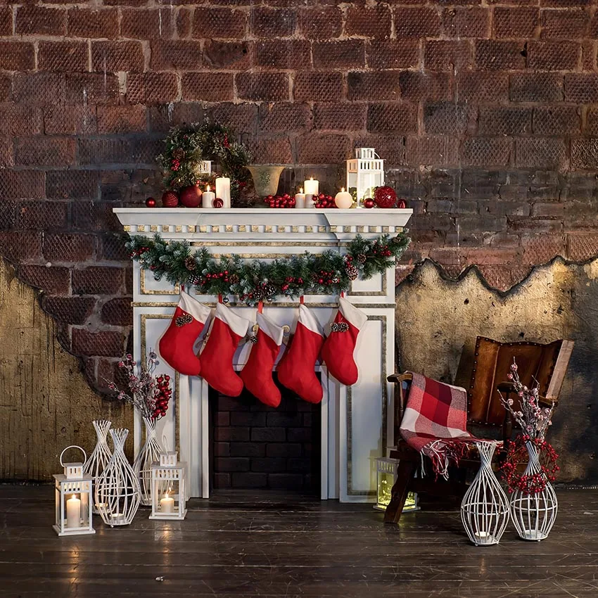 Avezano Christmas Decorations Backdrop Retro Brick Wall Fireplace Socks Vase Wood Floor Holly Portrait Photography Background