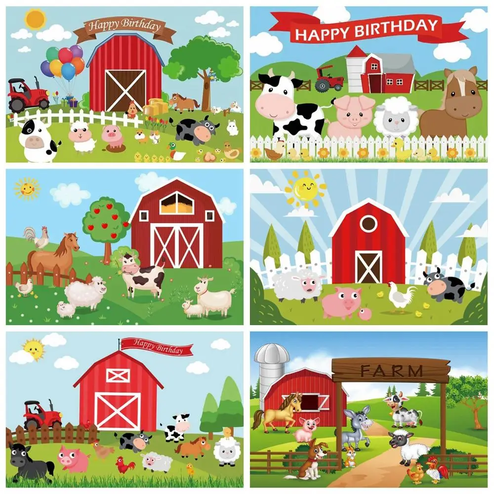 Rural Farm Baby Birthday Party Comic Tractor Warehouse Animals Newborn Portrait Photo Backdrop Photo Background For Photo Studio