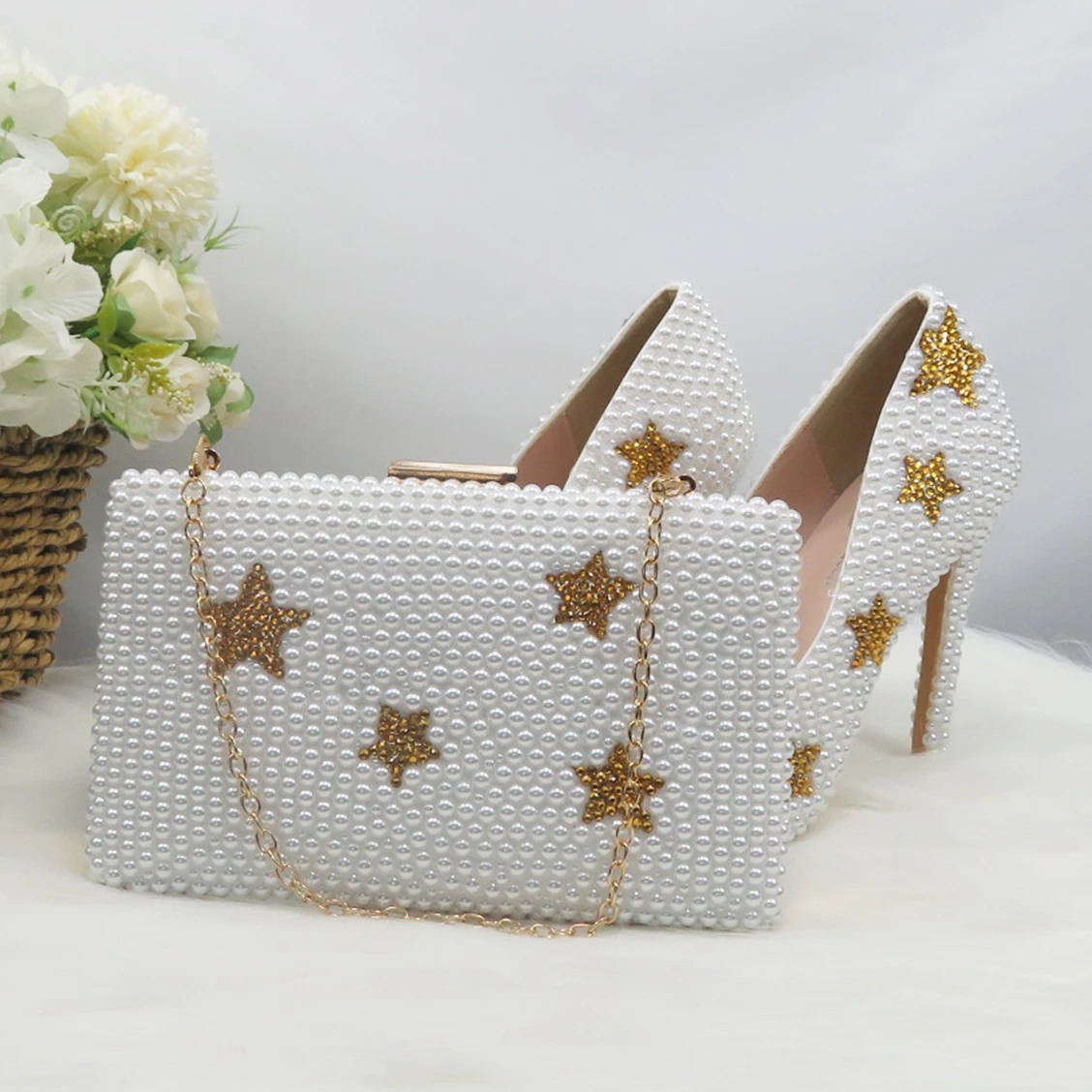 BaoYaFang White Pearl Gold Star Women Wedding Shoes With Matching Bag Bride Pointed Toe Party Dress Shoes Woman Big Size Pumps