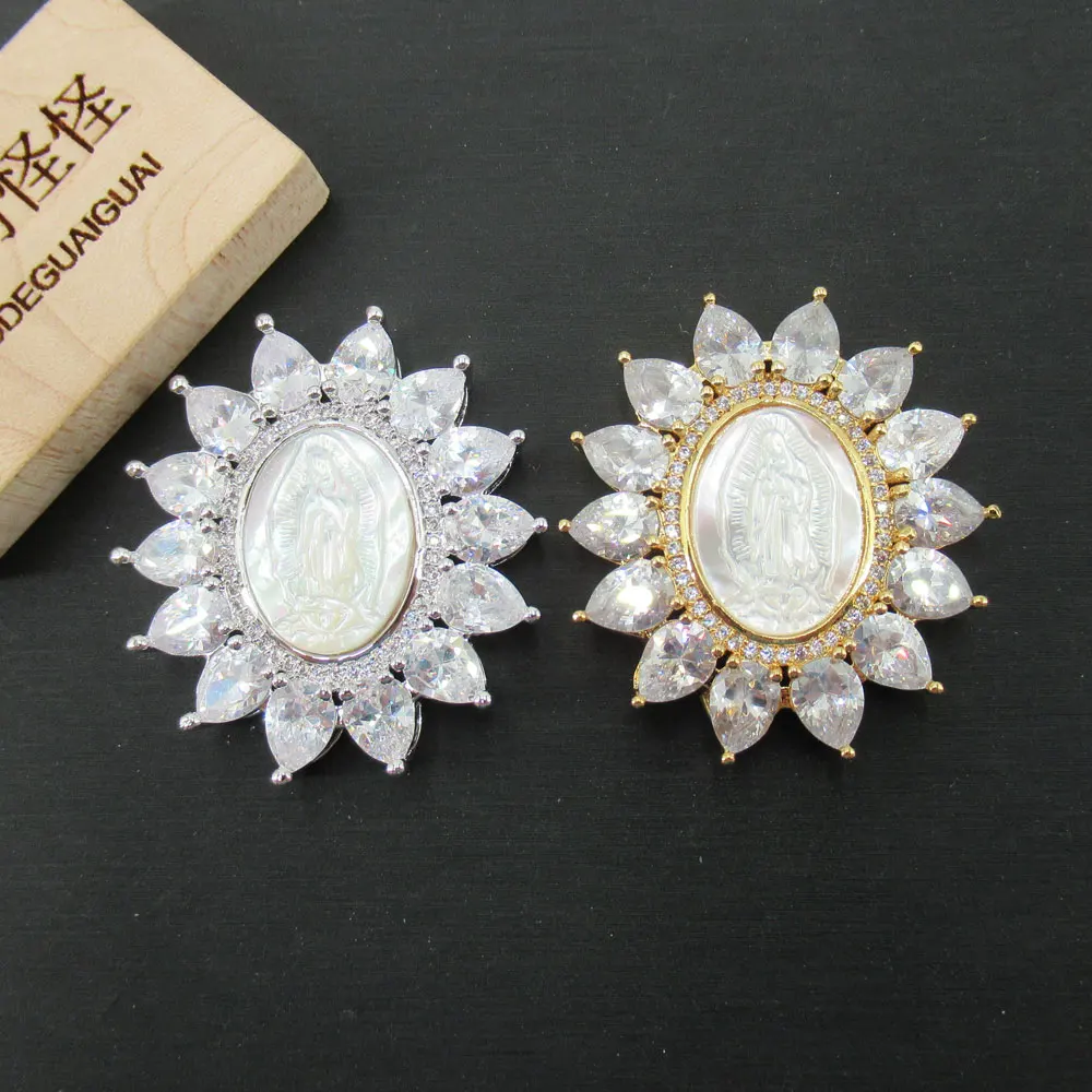 APDGG 38x44mm Virgin Mary White Mop Cameo Shell Gold Plated Cubic Zircon CZ Paved Connector Charms Necklace Pendant Jewelry DIY