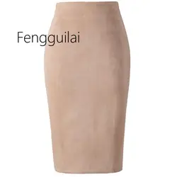 NEW Autumn Summer Women Suede Midi Pencil Skirt High Waist Gray green XXL Sexy Style Stretch Wrap Ladies Office Work
