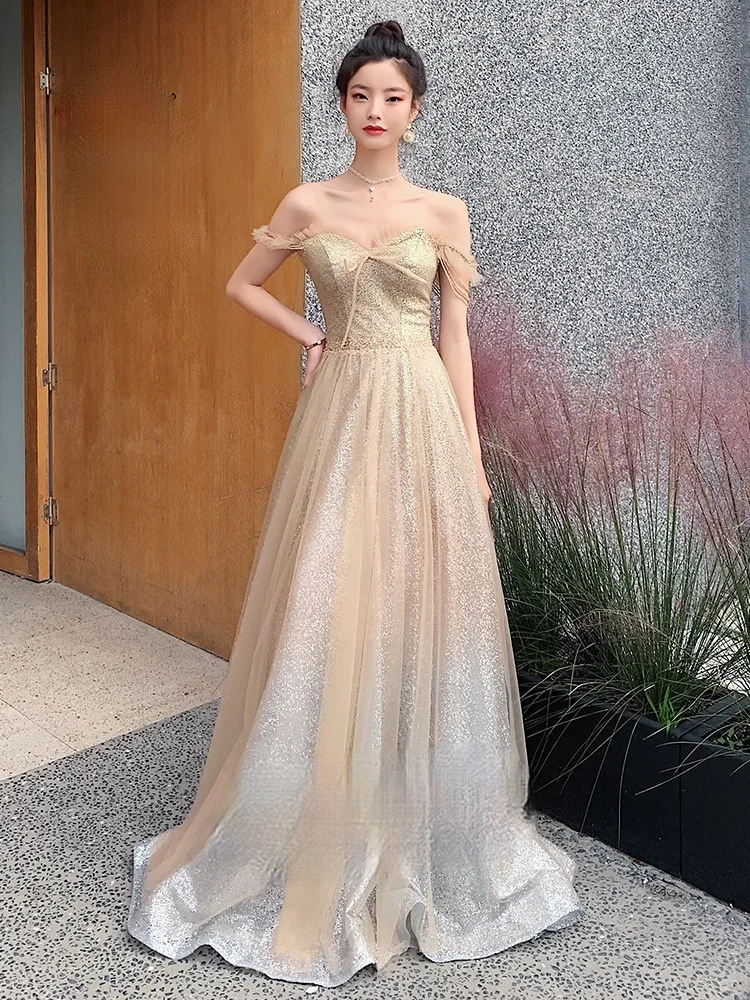 

2021 Golden sequin princess evening dress female banquet annual meeting host ball gown dress one-shoulder fairy prom dress A206