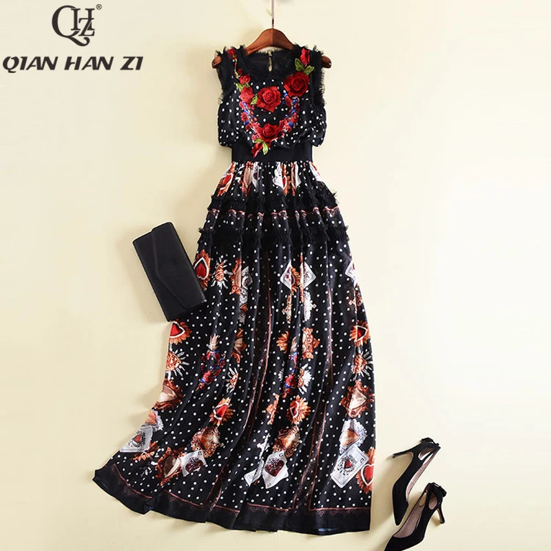 Qian Han Zi Fashion Maxi dress Women's Sleeveless Vintage Ruffled Lace Print Embroidered Applique Deluxe long Dress S-5XL