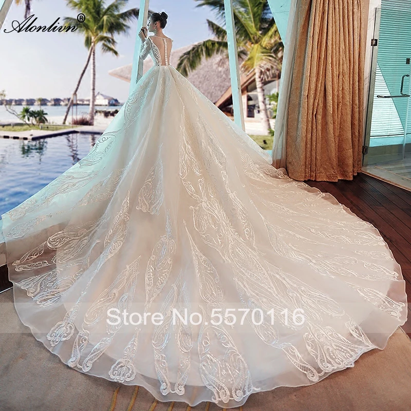 Alonlivn New Model Full Sleeves O-Neck Wedding Dress Illusion Back With Button Beading Appliques Bridal Skirts Customer Order