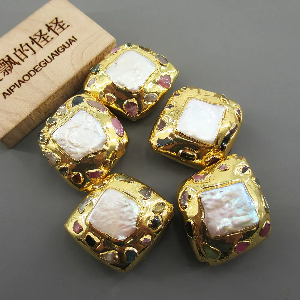 

holesale 5PCS Freshwater Cultured White Square Pearl Tourmaline Chips Rhombus Beads Findings Loose Beads For Women