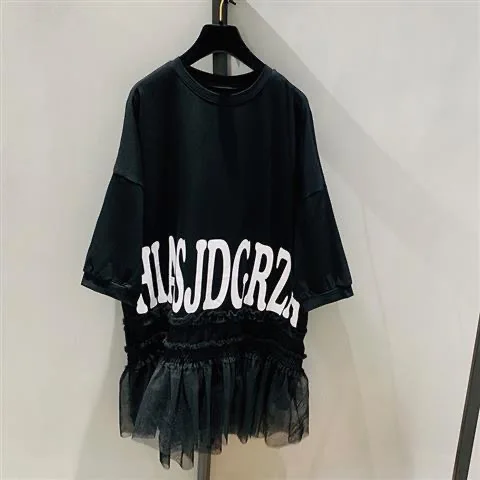 Women Korean Loose Letter Print Blouse Casual Long Cotton Tee Mesh Ruffles Stitching Half Sleeve Shirt