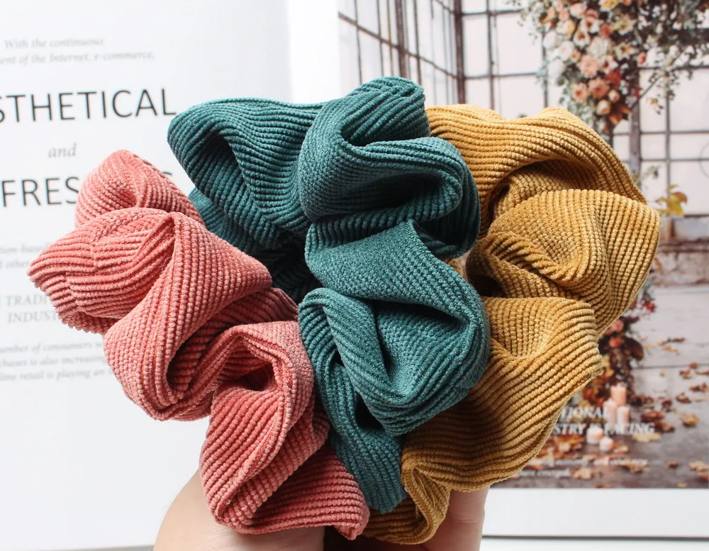 Schnur Scrunchie Herbst Winter Cord Fester Stoff Scrunchies Set Elastische Haarbänder Mode Pferdeschwanz Haargummi Seil Kopfbedeckung 3PK – Detail 1