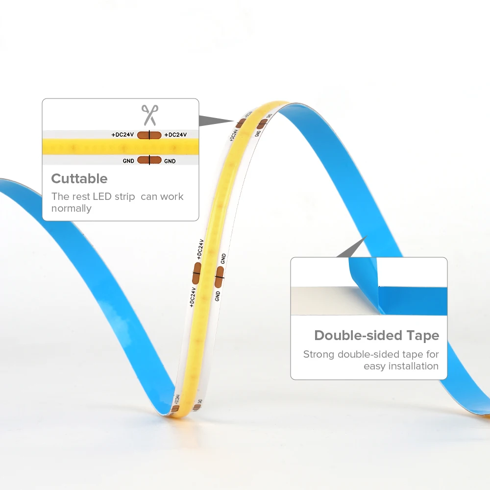 Flexível COB LED Strip Lights, Luz de Alta Densidade, Linear, Natureza Quente, Branco Frio, Regulável, FCOB, FOB, 1600 LEDs, 5m Rolo, DC 12V, DC 24V