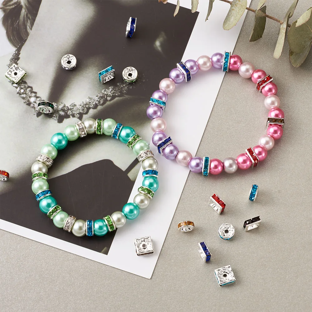 100pcs/Box 8mm Silver Color Square Rondelle Rhinestone Spacer Beads For Jewelry Making DIY Bracelet Necklace Accessories Supplie