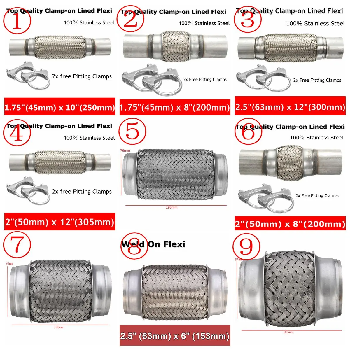 NEW Stainless Exhaust Flex Tube Joint Flexi Repair Flexi pipe 300x63 50mm 250x45mm 200x76 50 46mm 150x76 63mm 100 57mm