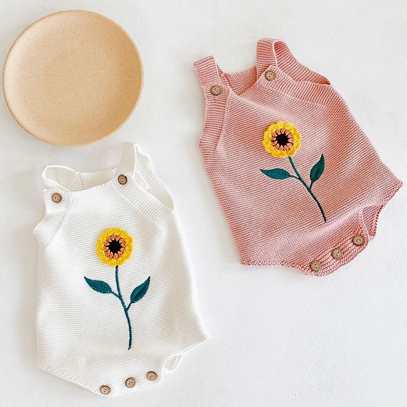 Toddler Girl Knitted Clothes Autumn Baby Girl Flower Embroidery Rompers Baby Girl Jumpsuit Overall Infant Baby Clothes