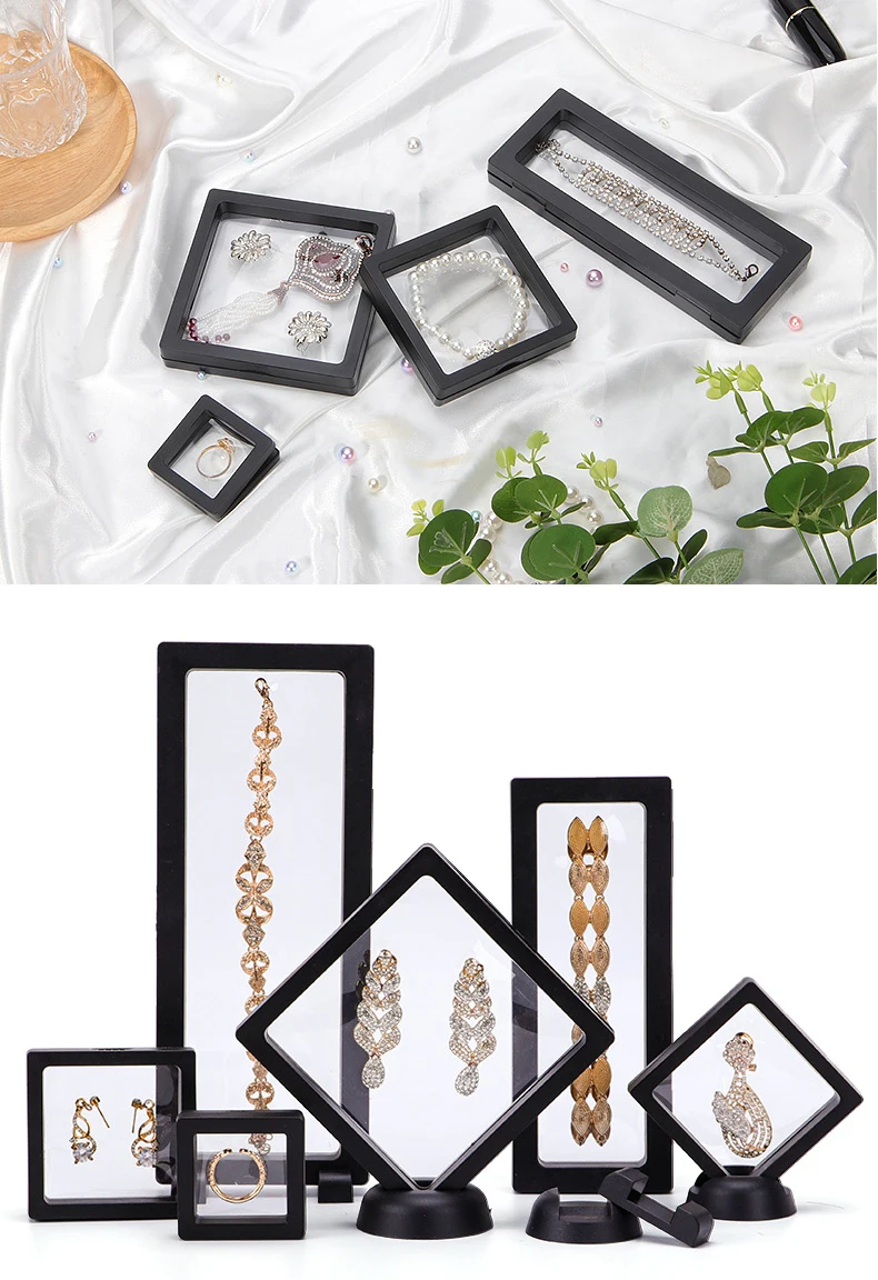 PE Film Jewelry Storage Box 3D Packaging Case Gemstone Free Stand Floating Frame Membrane Ring Earrings Necklace Display Holder