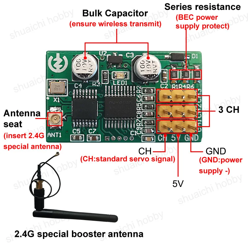 1set 2.4G 3CH Radio Remote Control Kits Transmitter+Receiver+Booster Antenna Control Distance 500m for RC Tug Bait Life Boat