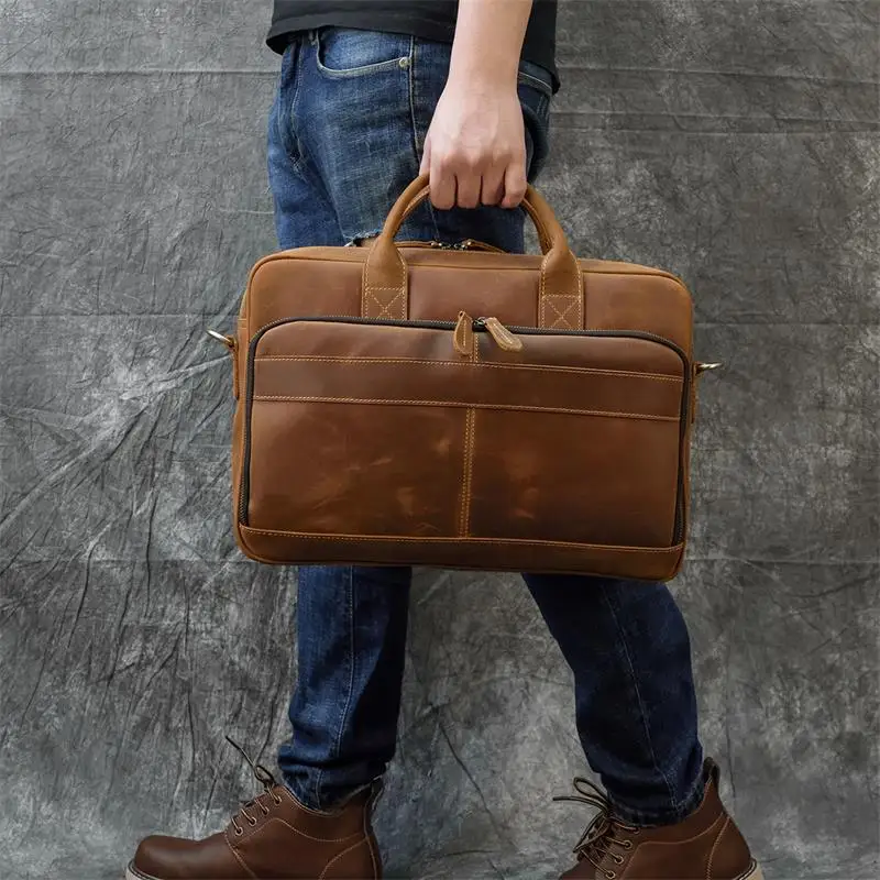 Men Briefcase Genuine Leather Laptop Bag 14 15.6" PC Doctor Lawyer Computer Bag Cowhide Male Briefcase Leather Men Business Bag