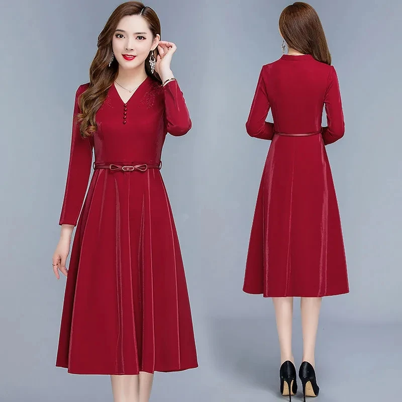 

High-Quality Dress Women 2023 Autumn New Cover Belly Is Thin Temperament Pure Color Lace-Up Temperament Dresses Women Wine Red