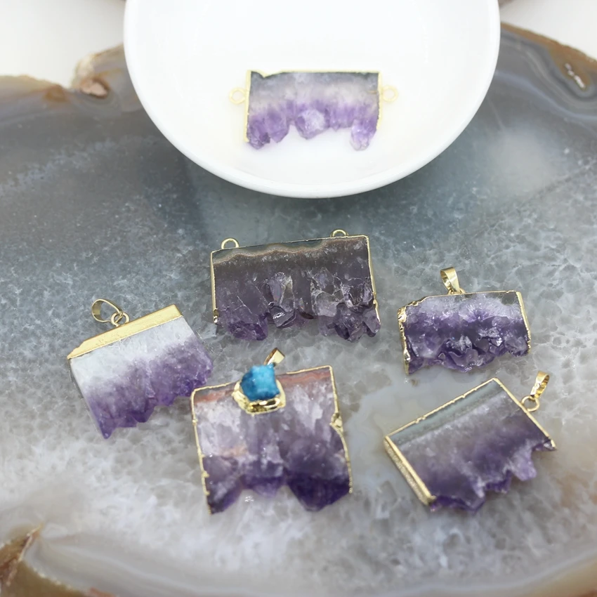 5pcs,6Style Choice Amethysts Geode Slab Pendants,Plated Gold Edged Quartz Druzy Drusy Slice Necklace Charms Jewelry Wholesales