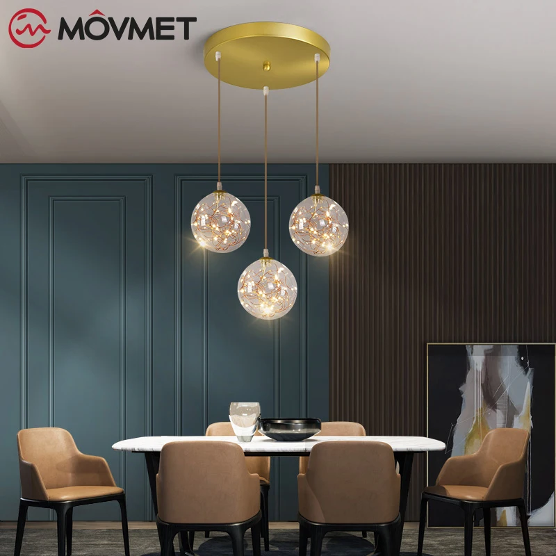 

Copper LED String Gold Chandeliers For Living Room Restaurant With Glass Lampshade Indoor Remote Contoller Pendant Lights