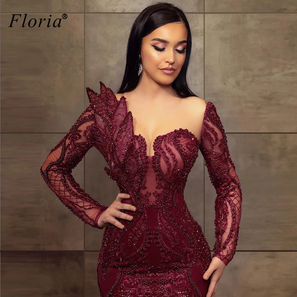 Formal Burgundy Evening Dresses Long Sleeves Beading Evening Gowns Elegant Prom Party Dresses Arabic Gowns Vestidos De Fiesta