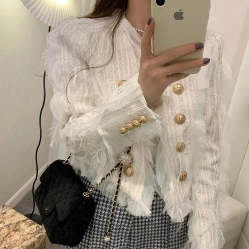 

Tassel Streetwear Tweed Jacket Women Autumn Elegant Short Full Sleeve Suit Jacket Sweet V-Neck Double Breasted White Outerwear