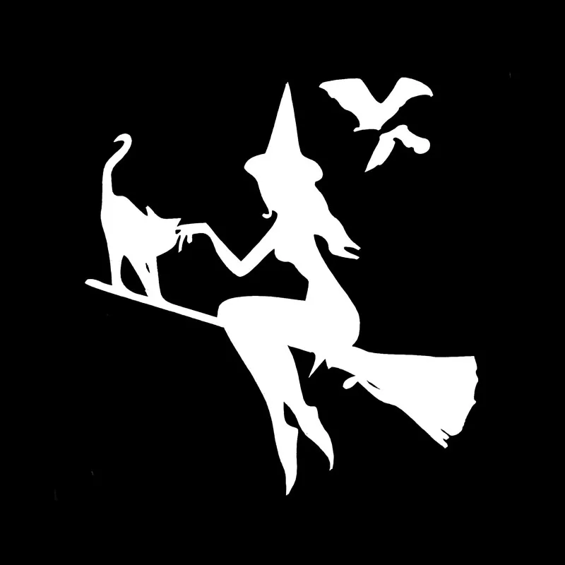 Volkrays Cartoon Car Sticker Witch on Broomstick with Cat & Bats Vinyl Waterproof Sunscreen Decal Black Silver,14cm*13cm