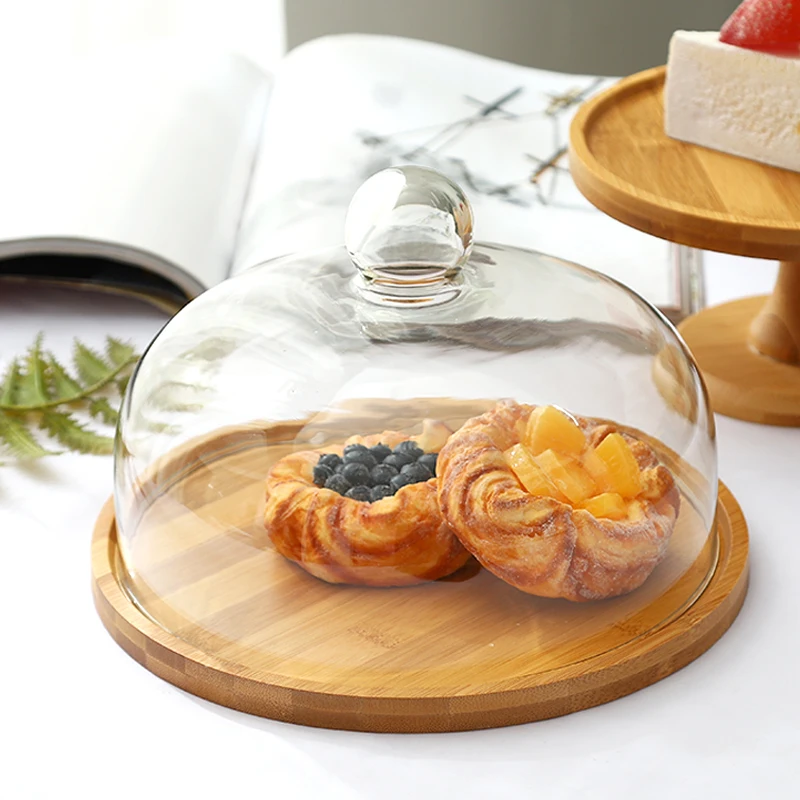 Cake Display Tray Glass Transparent Cover Dessert Fruit Tasting Box Pastry Bread and Pastry Tasting Wooden Tray Glass Cover