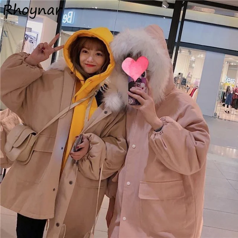 

Short Style Parkas Women Cargo Winter Korean BF Loose Hooded Sweet Girls College Thicker Solid Fashion Casual Tender Cozy Warm