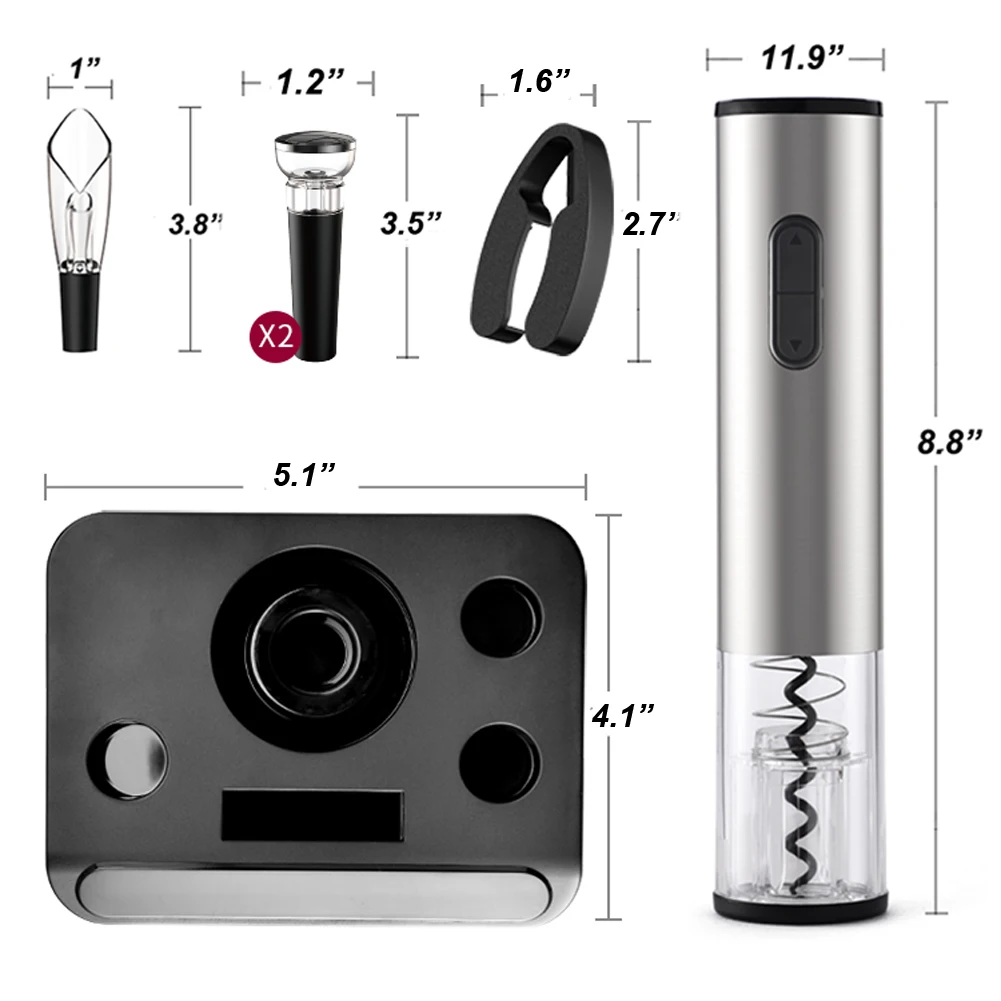 Stainless Steel Electric Wine Opener Battery Powered Cordless Automatic Wine Openers with Foil Cutter Corkscrew Wine Aerator