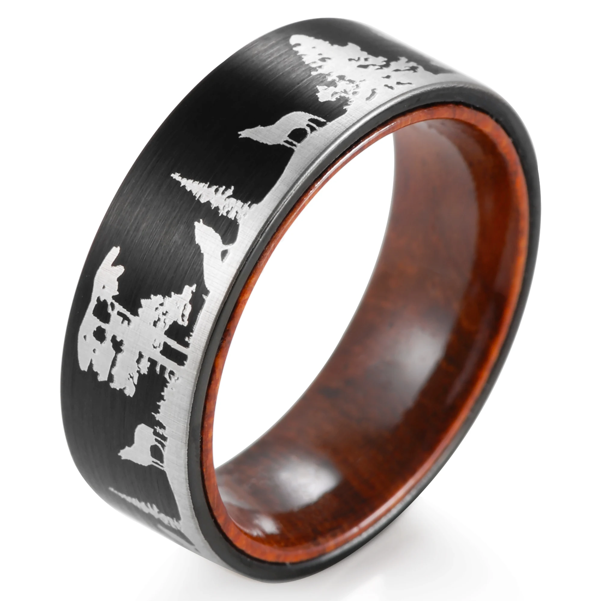 Howling Wolves Scene Tungsten Wooden Ring Mens Wedding Band Black Mens Nature Wood Hunting Ring - Black Tungsten Wedding Band