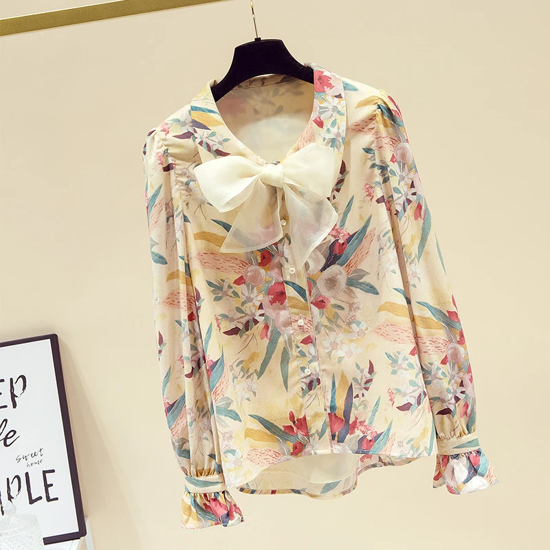 Camisa Floral de manga larga para mujer, Blusa de gasa de estilo occidental con lazo, Top estampado, novedad de primavera 2021