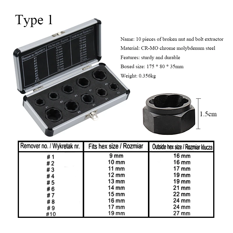 ナットスクリュー取り外しキット9-19mm,10個,損傷したナット,取り外しソケットレンチ