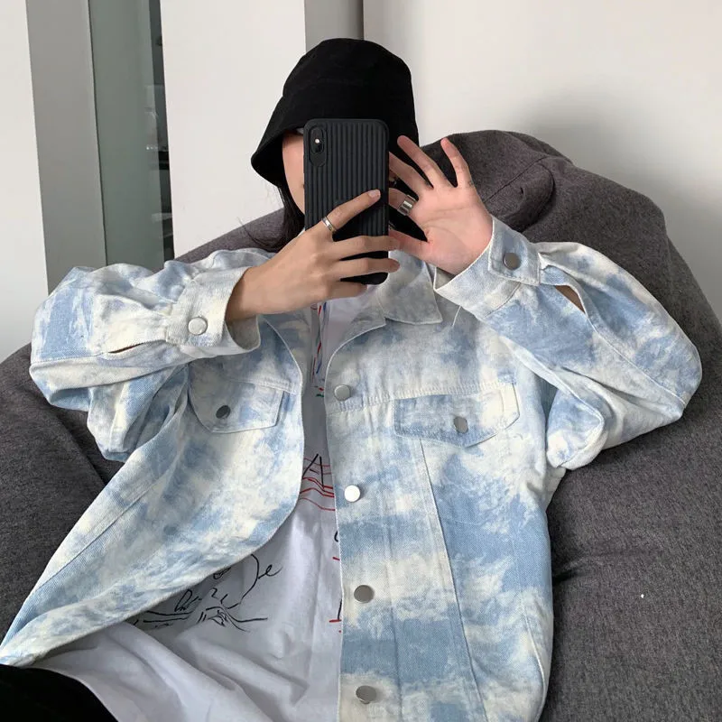 Harajuku Boyfriends Plus Size White Blue Gradient Jean Jacket Women 2020 New Korean Style Tie-Dye Jacket Shirt Loose Denim Coat