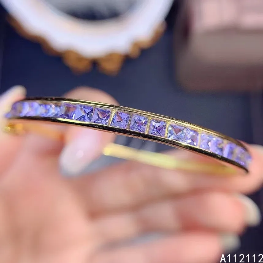 

Fine Jewelry 925 Sterling Silver Inlaid With Natural Gemstones Women's Luxury Fashion Square Tanzanite Cuff Hand Bracelet Suppor