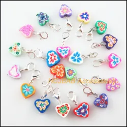 20Pcs Mixed Fimo Polymer Clay Heart Flower Charms Silver Plated With Clasps