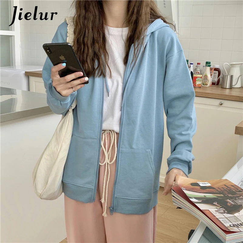 Jielur Pure Color Red Purple Zip-up Hoodies Women Fashion Casual Hooded Female Sweatshirt Autumn Thin Streetwear Girls M-XL