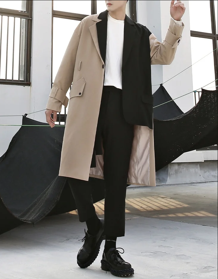 

Original self-made irregular color contrast stitching mid-length trench coat jacket male couple trench coat tide